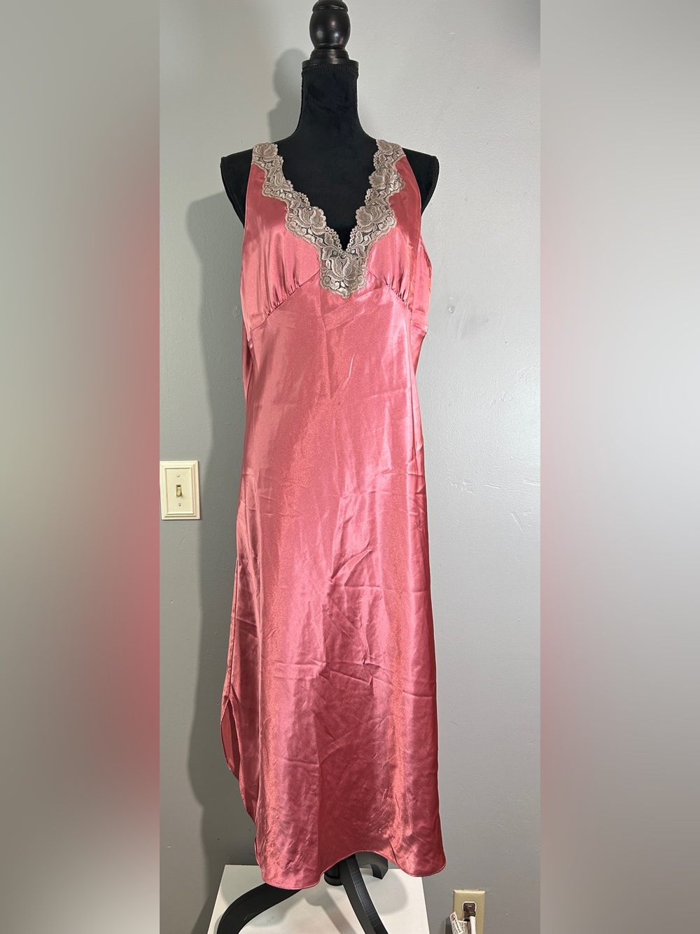 Romantic Coquette Y2K XL Pink Satin Slip Dress Lace Midi Nightgown Loungewear